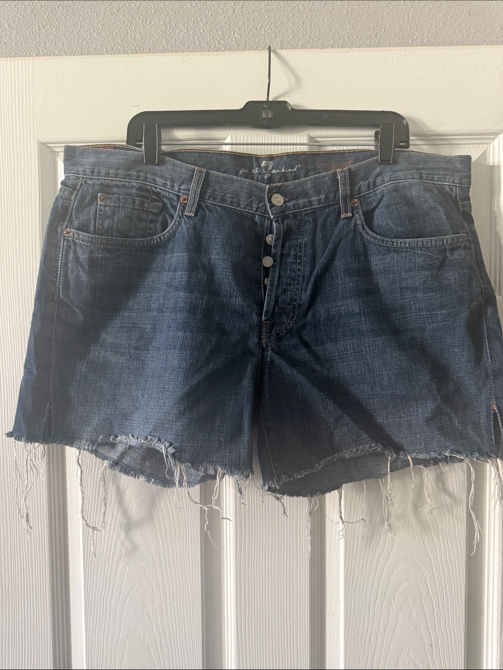 7 For All Mankind Dark Blue Denim Cutoff Shorts with Frayed Hem